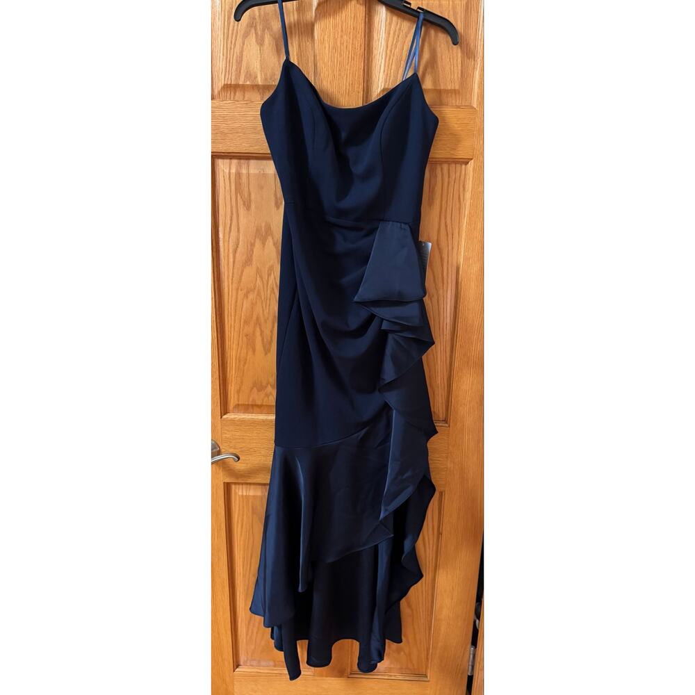 Betsy & Adam Navy Satin Ruffle Strapless Gown Size 8 (new with tags) - Picture 5 of 8